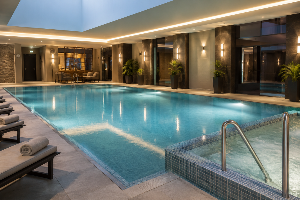Luxury indoor hotel spa pool with warm lighting, loungers, plants and an adjoining hot tub.