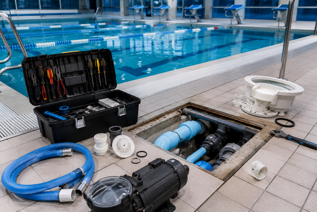 Commercial swimming pool repair tools, replacement parts and exposed pipework beside an indoor pool.