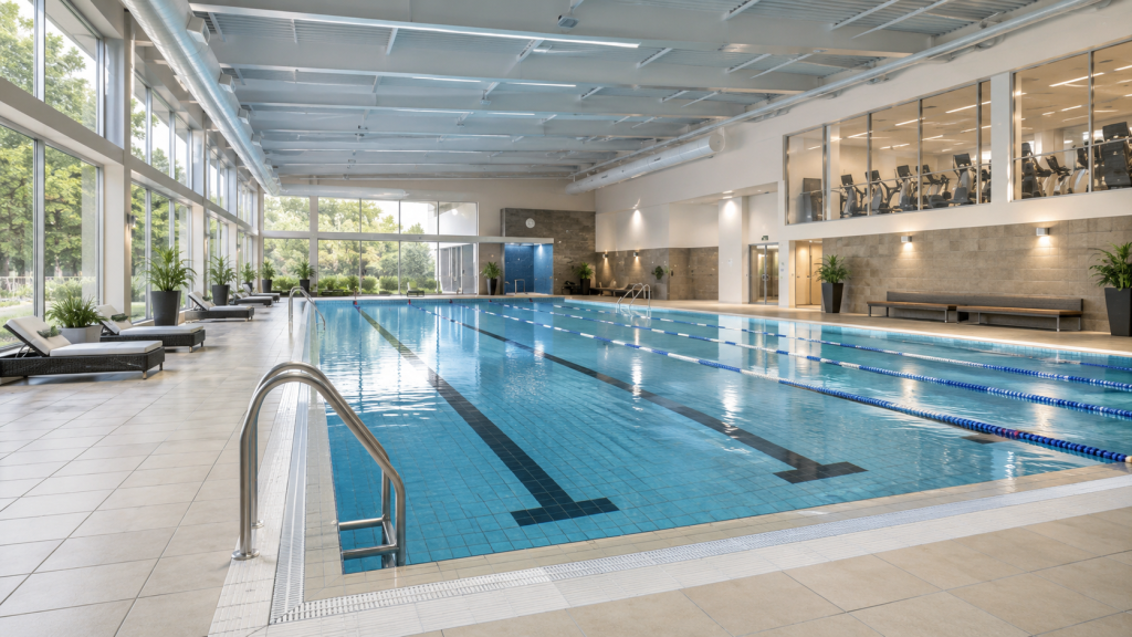 Modern indoor leisure centre swimming pool with lane ropes, large windows and gym facilities above.