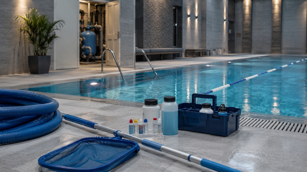 Commercial swimming pool maintenance tools, water testing kit and cleaning equipment arranged beside an indoor pool.