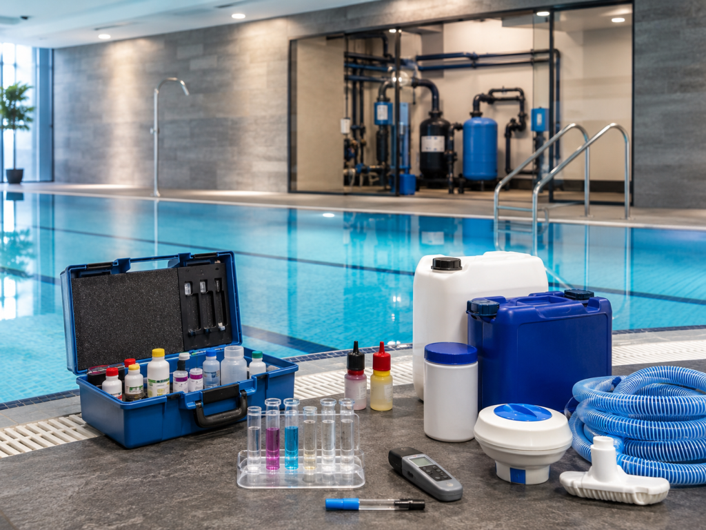 Commercial pool water treatment testing kit, chemical containers and cleaning equipment arranged beside an indoor swimming pool with plant room equipment in the background.